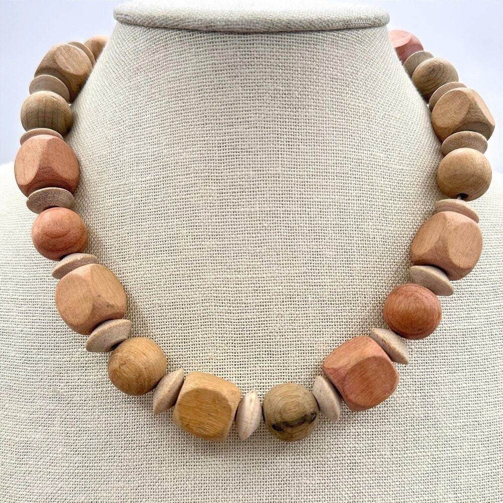 Vintage 80s Natural Wood Bead Chunky Statement Necklace Cube Round Retro Jewelry